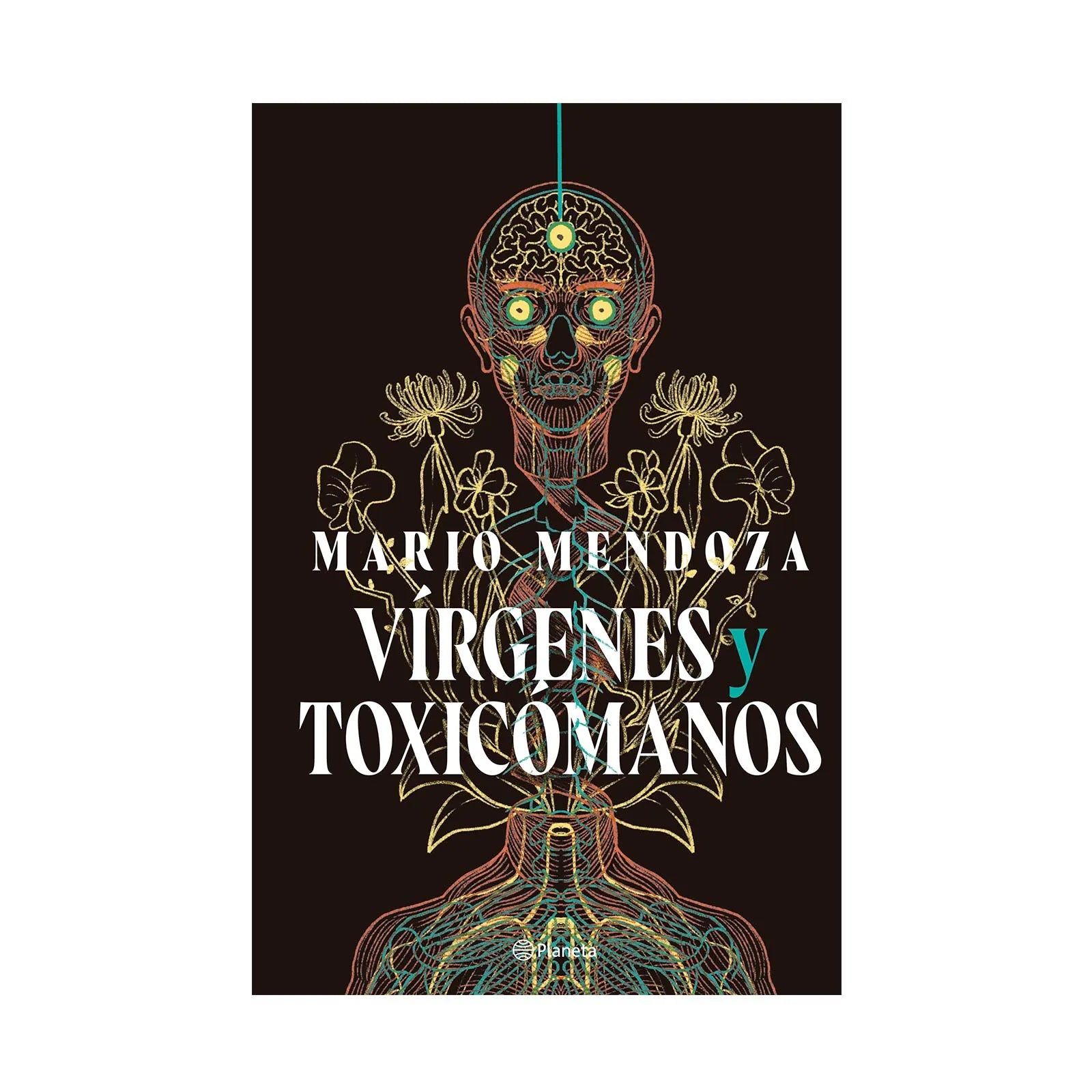 Portada de la novela “Vírgenes y Toxicómanos” de Mario Mendoza con tipografía llamativa y fondo oscuro que sugiere misterio y delicadeza literaria.