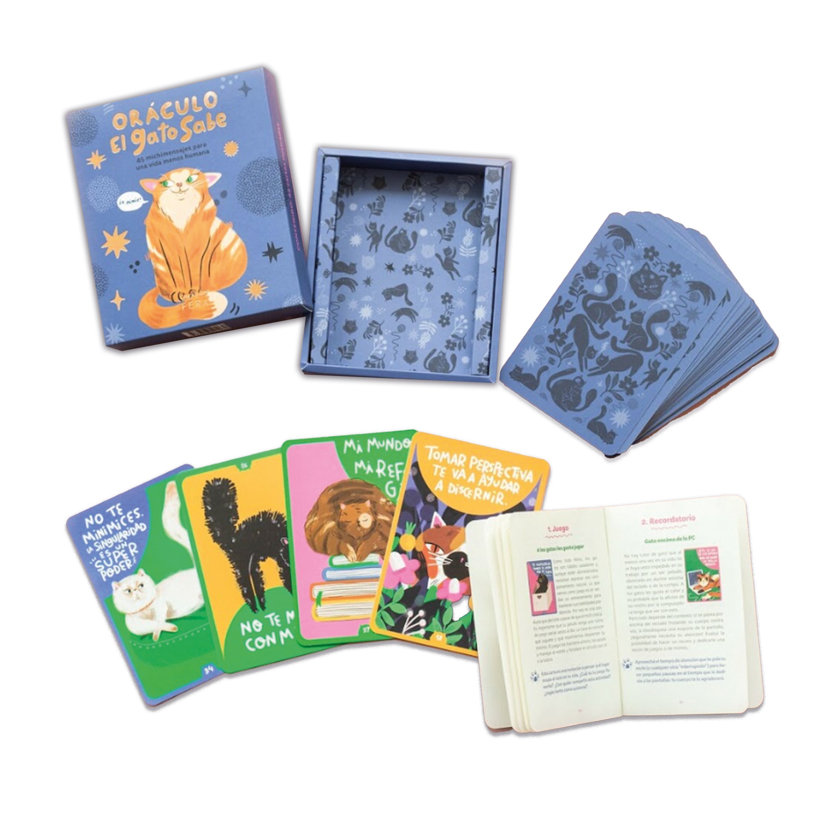 Detalle cartas Oráculo El Gato Sabe con 45 cartas ilustradas de gatos y dossier explicativo con mensajes para una vida más intuitiva y libre.