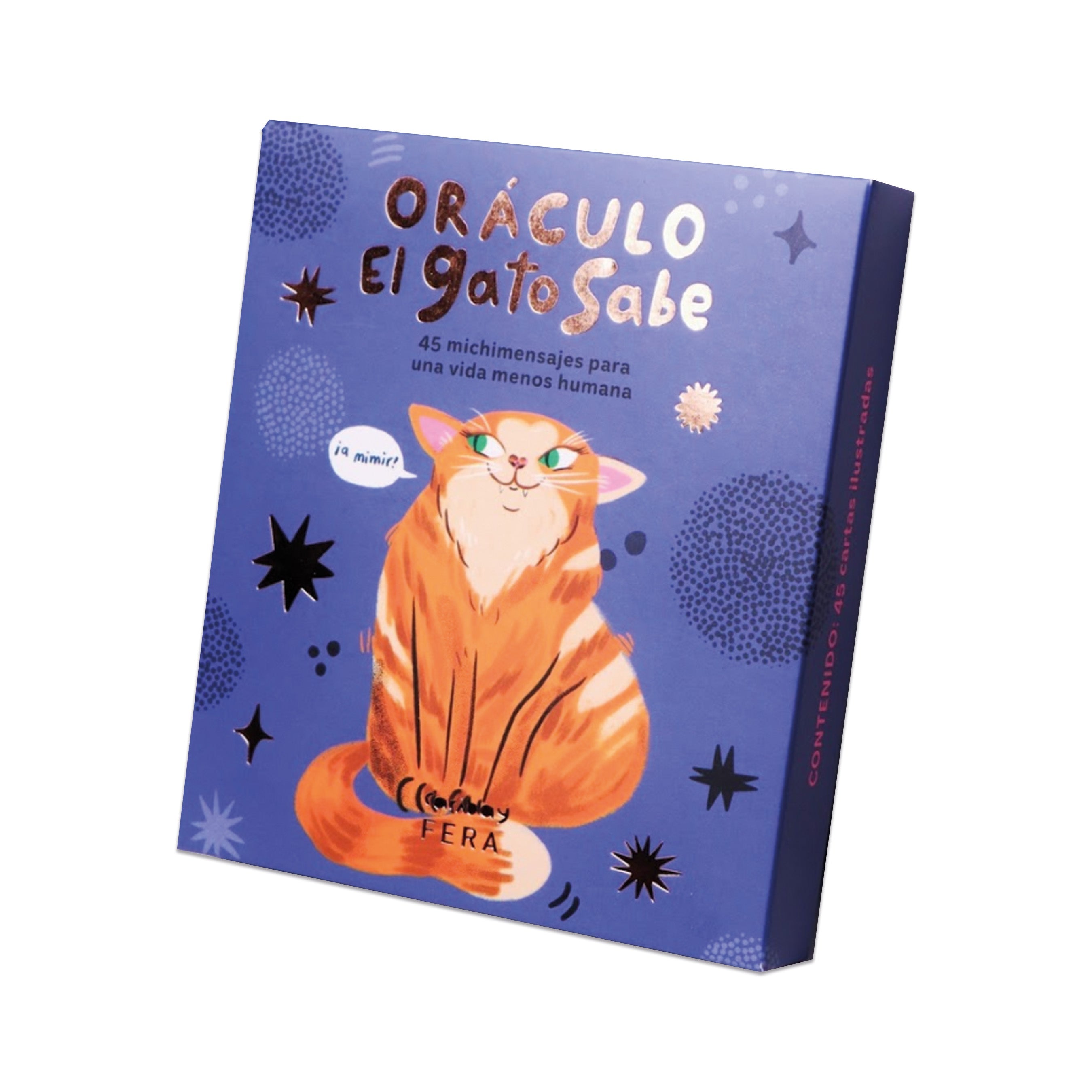 Portada caja Oráculo El Gato Sabe con 45 cartas ilustradas de gatos y dossier explicativo con mensajes para una vida más intuitiva y libre.