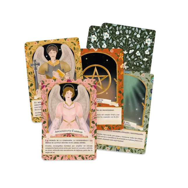 Cartas Oráculo de los Arcángeles de Julieta Suárez Valente con 45 cartas ilustradas y dossier plegado para conexión espiritual.