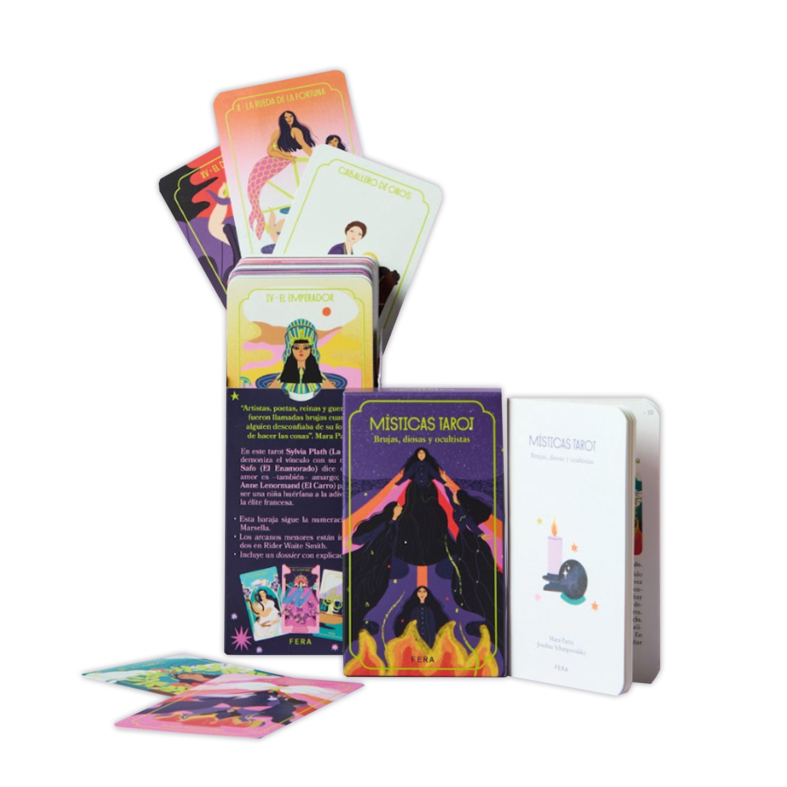 Baraja Místicas Tarot de Mara Parra con 78 cartas ilustradas y dossier explicativo en formato pequeño.