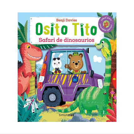 Portada de Osito Tito: Safari de Dinosaurios, ilustración de un oso tierno en un parque con dinosaurios