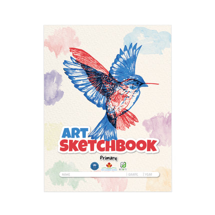 Bitácora de arte tipo sketchbook con portada de colibrí, texto ‘Art Sketchbook Primary’ y espacio para nombre, grado y año
