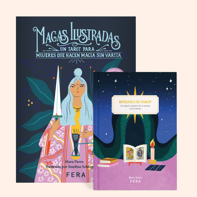 Tarot Magas Ilustradas de Mara Parra con 78 cartas ilustradas y dossier explicativo en formato libro pequeño.