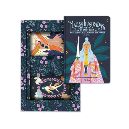 Tarot Magas Ilustradas de Mara Parra con libro de tapa blanda, mazo de 78 cartas ilustradas y bolsita de organza.