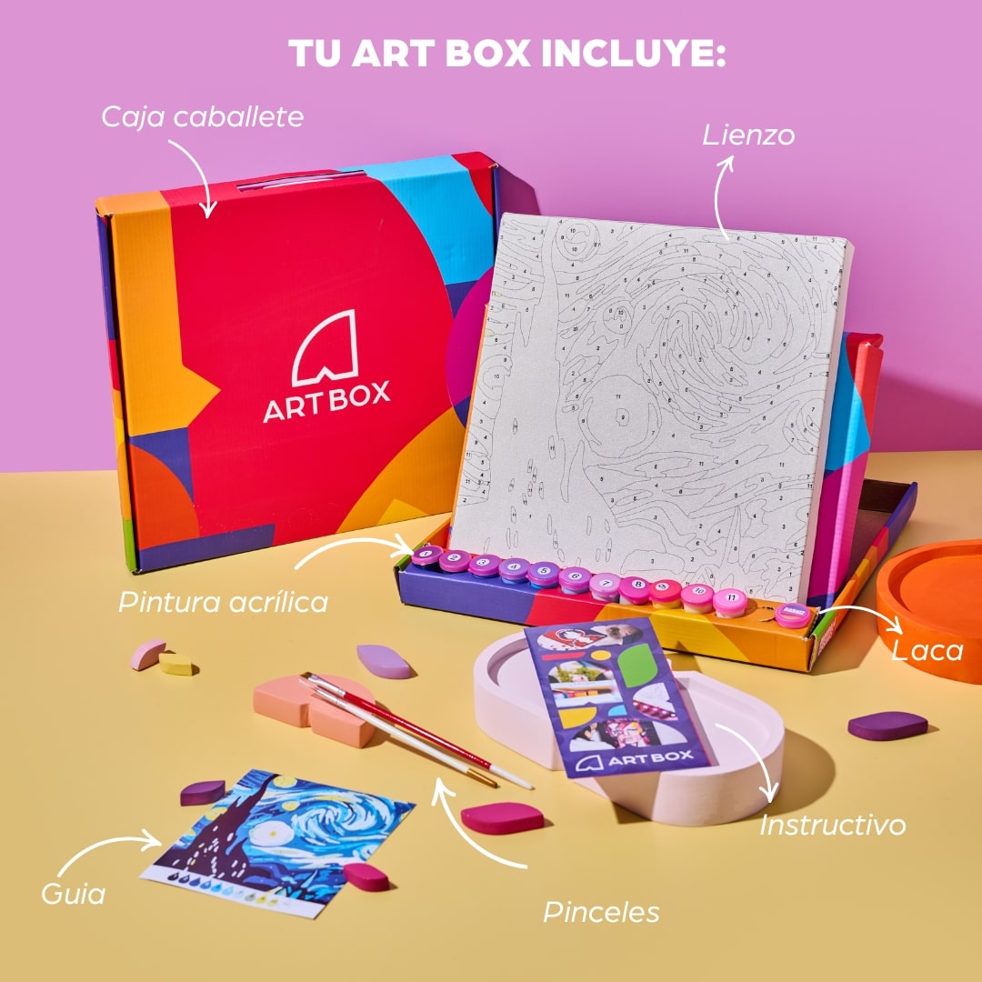 Kit pintura por números Art Box con lienzo del Valle de Cocora 40×50 cm montado en bastidor, pinturas acrílicas, pinceles y caja-soporte para pintar.