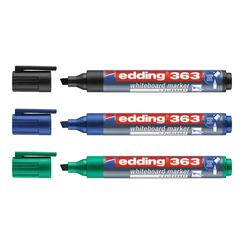 Marcador Edding 363 borrable punta bisel recargable, ideal para escribir en pizarras blancas en oficina, escuela y hogar.
