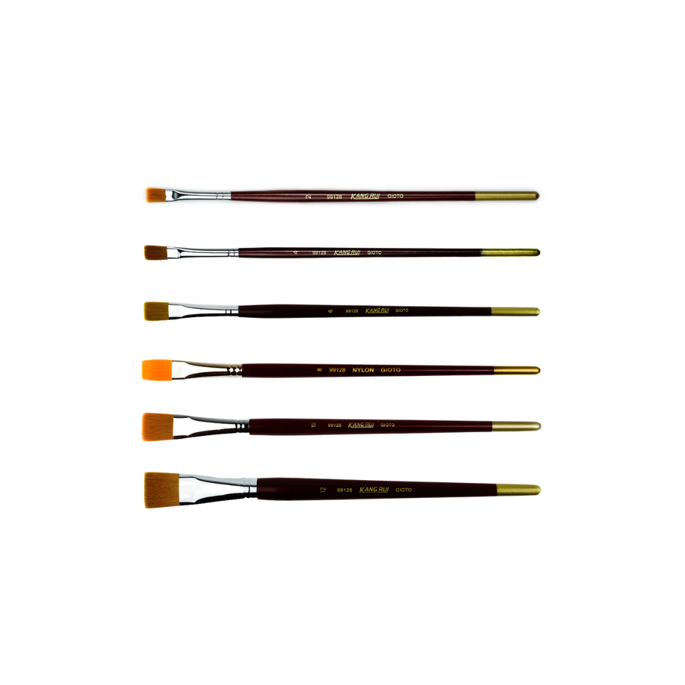 Pincel plano de nylon Giotto con mango ergonómico y cerdas suaves, ideal para pintura escolar, acrílica y acuarela.