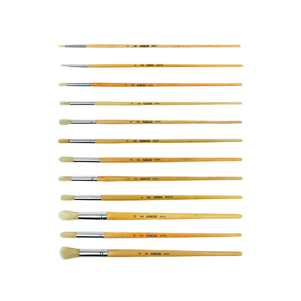 Pincel redondo de cerda Giotto con mango ergonómico, ideal para trazos finos y detalles en témpera, acrílico y acuarela.