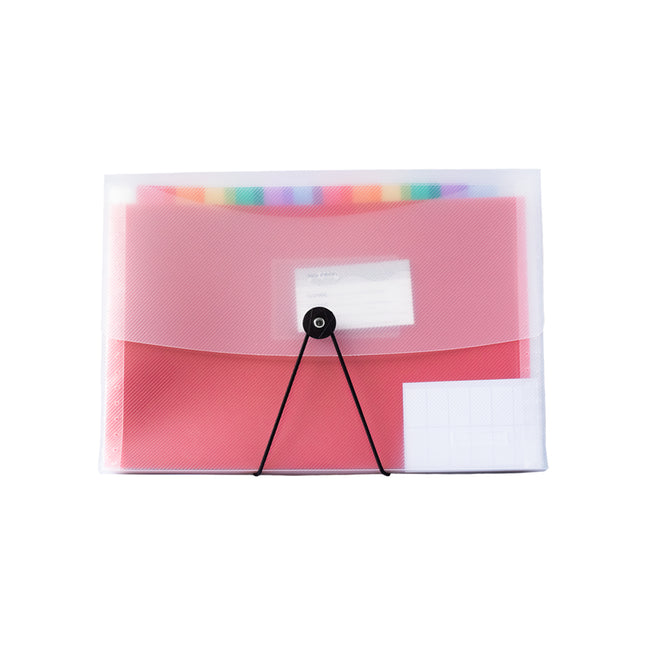 Carpeta fuelle transparente tamaño carta Red Point con 13 divisiones multicolor y cierre con elástico para organizar documentos.