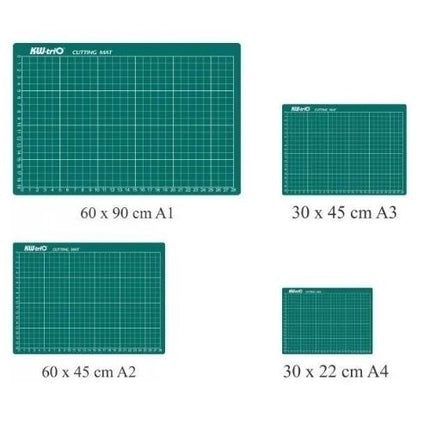 Tamaños de la tabla salvacorte Kw-Trio verde con cuadrícula centimétrica, superficie autorregenerativa y diseño en capas, ideal como base de corte para manualidades.