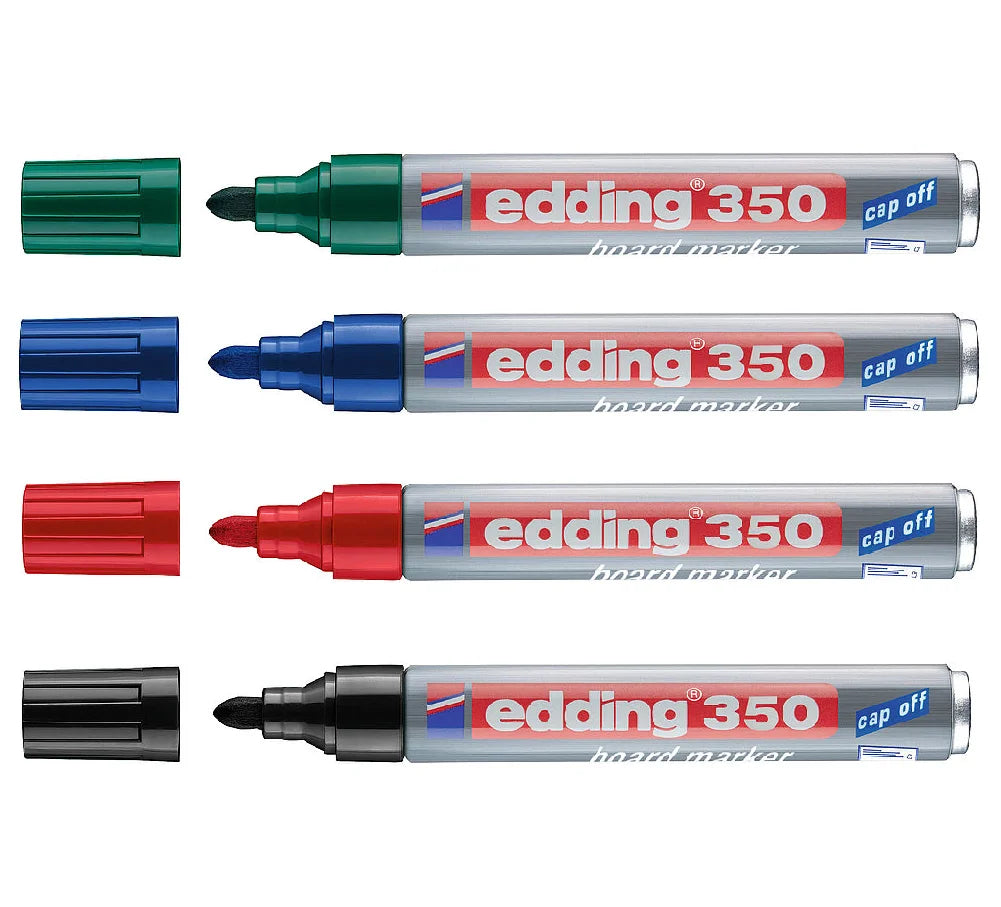 Marcador Edding 350 punta cónica recargable, borrable en seco, ideal para escribir en pizarras blancas en oficina, escuela y hogar.